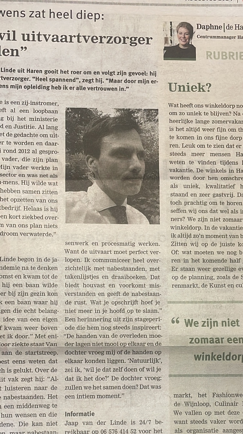 Uitvaartverzorger, haren de krant, gestart, Jaap van der Linde, Uitvaar regelen in Haren